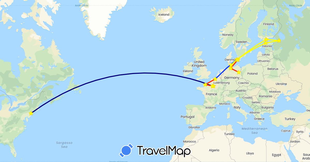 TravelMap itinerary: driving, plane, train, flight, drive, boat in Belgium, Germany, Denmark, Estonia, Finland, France, Russia, Sweden, United States (Europe, North America)